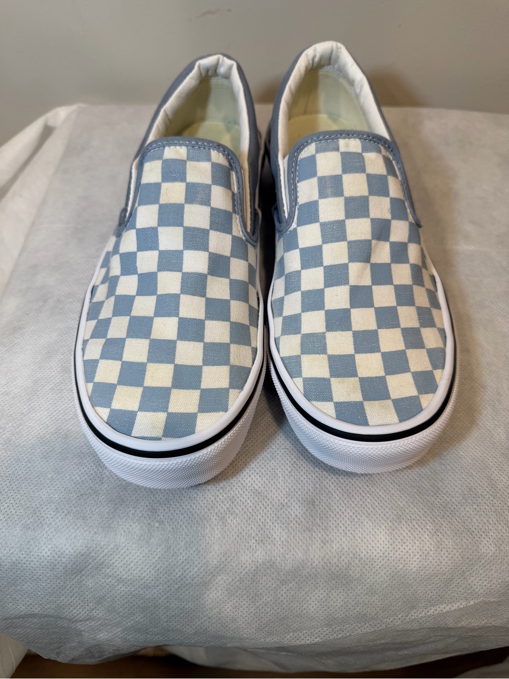 Womens Slip-On Checkerboard Vans Canvas Shoes in Light Blue and White